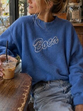 Vintage Boca Blue Fleece Sweatshirt Crewneck Pullover Medium 90s Y2K